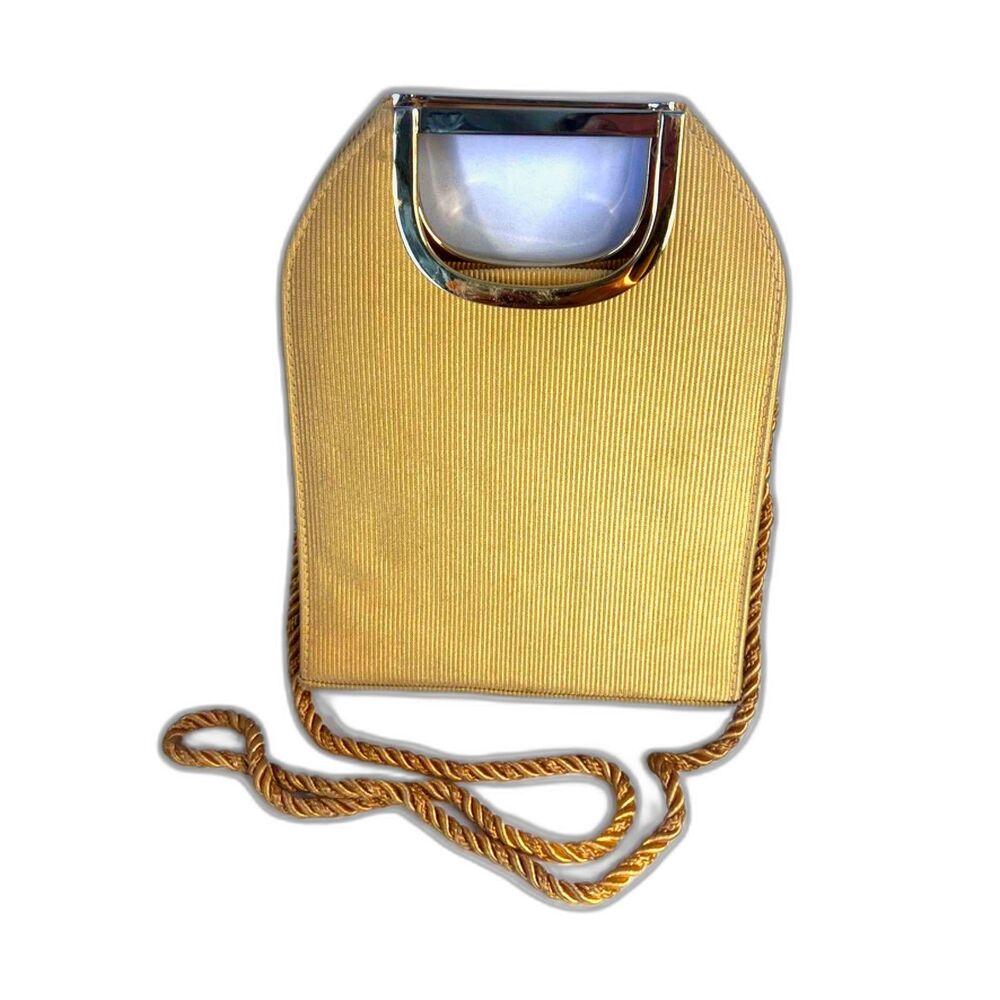 Hard Clutch Bag Rope Crossbody Strap Gold Metal‎ Top Handle Retro VTG Ribbed